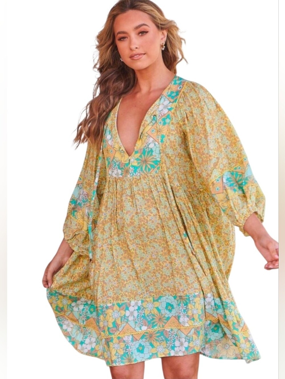 JAASE Pompeii Citrus Adela Boho Peasant Yellow & Blue Floral Mini Dress. Large